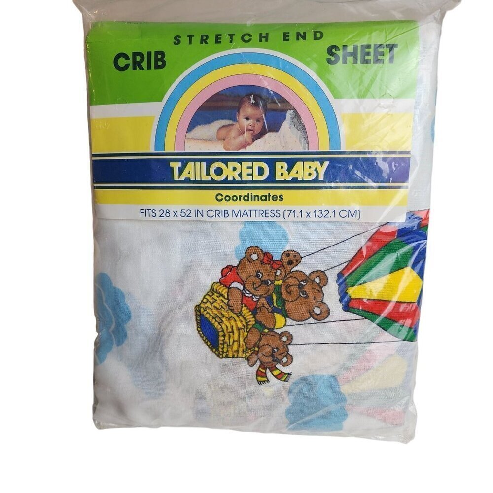 Vtg fitted crib sheet white fabric Bear in Hot Air Balloon by Tailored Baby prop